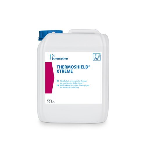 Biely 10-litrový plastový kontajner s modrým uzáverom a nápisom "Dr. Schumacher THERMOSHIELD® XTREME" (od Dr. Schumacher GmbH), s nemeckými informáciami o produkte a symbolom pre automatické spracovanie - ideálny pre priemyselné povrchové nátery a ochranu povrchu.