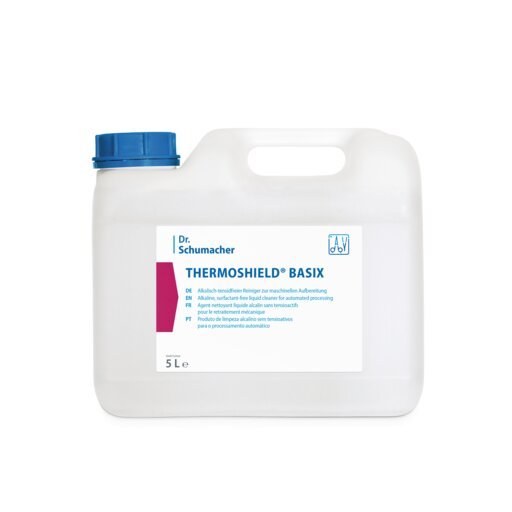 Biely 5-litrový kanister od Dr. Schumacher GmbH s nápisom "THERMOSHIELD BASIX" má modrý uzáver a viacjazyčné informácie na prednej strane - ideálny na ochranu povrchov a ochranu pred chladom.