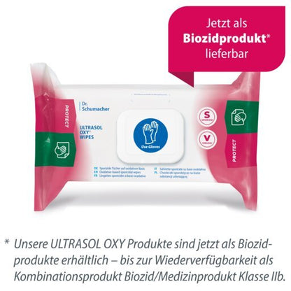 Balenie dezinfekčných utierok Dr. Schumacher Ultrasol Oxy Wipes (108 utierok) je označené modrým symbolom „Use Gloves“ (Používajte rukavice) a upozorňuje na to, že ide o biocídny výrobok, pričom nemecký text zdôrazňuje jeho použitie pre zdravotnícke vybavenie.