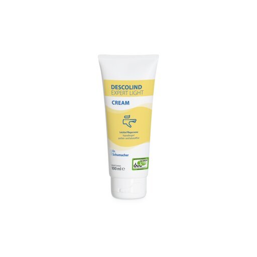 100-ml tuba Dr. Schumacher DESCOLIND EXPERT LIGHT CREAM krém na ruky od Dr. Schumacher GmbH, s bielym uzáverom a žlto-modrou etiketou, stojí vzpriamene na bielom pozadí - ideálne pre citlivú pokožku a hypoalergénne.