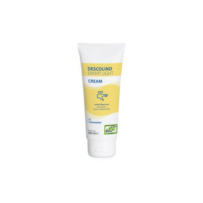 100-ml tuba Dr. Schumacher DESCOLIND EXPERT LIGHT CREAM krém na ruky od Dr. Schumacher GmbH, s bielym uzáverom a žlto-modrou etiketou, stojí vzpriamene na bielom pozadí - ideálne pre citlivú pokožku a hypoalergénne.