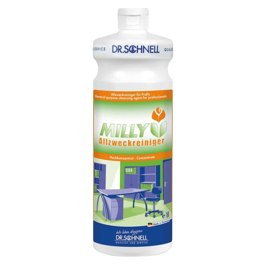 Fľaša Dr. Schnell MILLY ALLZWECKREINIGER od DR.SCHNELL GmbH & Co. KGaA, koncentrovaný univerzálny čistič pre profesionálov, zobrazená pri kancelárskom nábytku a čistiacich zariadeniach - ideálna na silné odstraňovanie tukov v každodennom živote.
