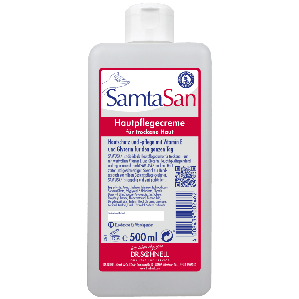 500 ml DR.SCHNELL GmbH & Co. KGaA Dr. Schnell SAMTASAN dávkovacie fľaše je biely ošetrujúci krém na suchú pokožku, s uzáverom typu flip-top a nemeckou etiketou, ideálny na profesionálne čistenie a použitie s čistiacimi zariadeniami.