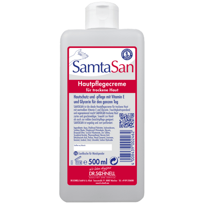 500 ml DR.SCHNELL GmbH & Co. KGaA Dr. Schnell SAMTASAN dávkovacie fľaše je biely ošetrujúci krém na suchú pokožku, s uzáverom typu flip-top a nemeckou etiketou, ideálny na profesionálne čistenie a použitie s čistiacimi zariadeniami.