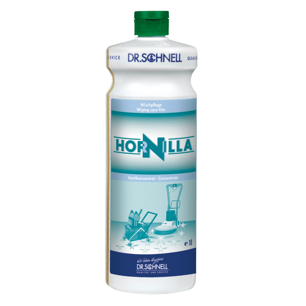 Biela 1-litrová fľaša Dr. Schnell HORNILLA od DR.SCHNELL GmbH & Co. KGaA, so zeleným uzáverom, modrou a modrozelenou etiketou s obrázkami čistiacich zariadení, vyvinutá pre silné profesionálne čistenie.