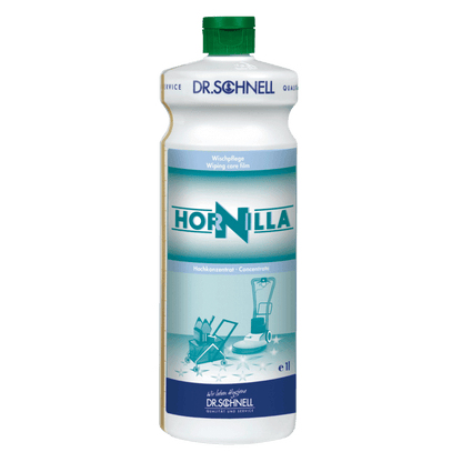 Biela 1-litrová fľaša Dr. Schnell HORNILLA od DR.SCHNELL GmbH & Co. KGaA, so zeleným uzáverom, modrou a modrozelenou etiketou s obrázkami čistiacich zariadení, vyvinutá pre silné profesionálne čistenie.