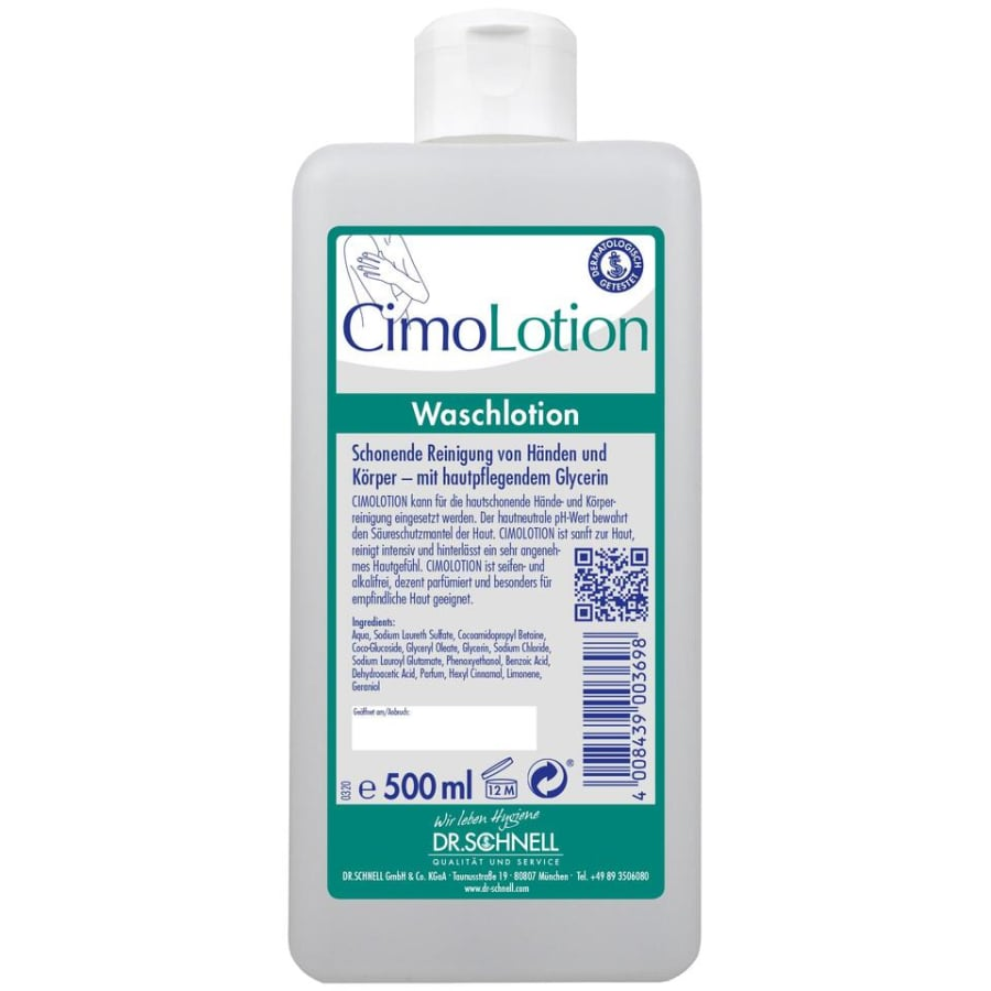 Die Dr. Schnell CIMOLOTION Spenderflaschen von DR.SCHNELL GmbH & Co. KGaA ist eine 500 ml große weiße Waschlotion mit Flip-Top-Verschluss, blau-grünem Etikett und deutscher Aufschrift und bietet eine hygienische Dosierung - ideal für die sanfte Hand- und Körperreinigung in der Hautpflege.