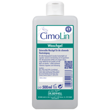 Eine 500 ml Dr. Schnell CIMOLIN Spenderflaschen Hautreinigung der DR.SCHNELL GmbH & Co. KGaA steht aufrecht, hat ein überwiegend weißes Etikett mit blau-grünen Akzenten, einen QR-Code und einen blauen Verschluss.
