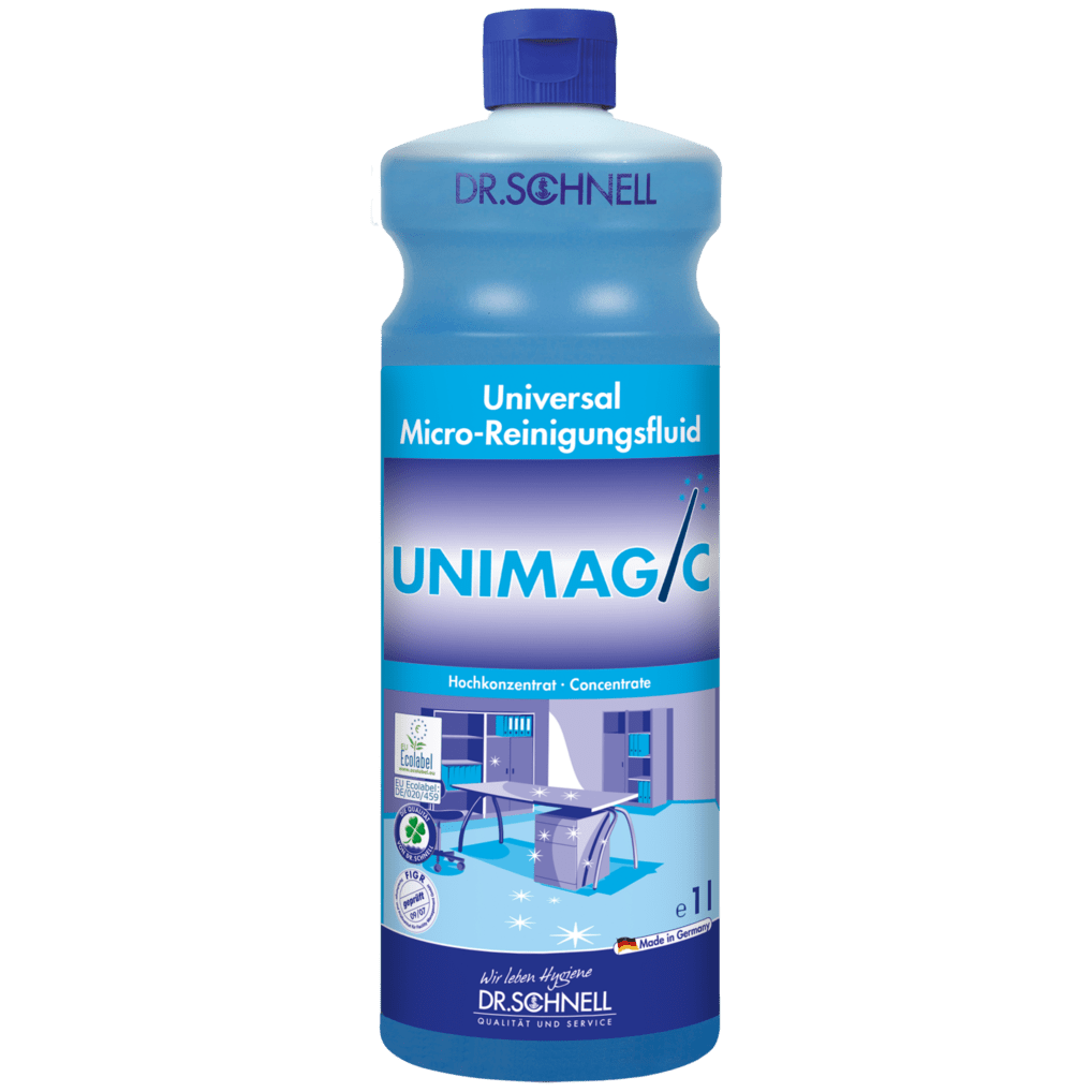 Modrá 1-litrová fľaša Dr. Schnell UNIMAGIC univerzálneho čističa od DR.SCHNELL GmbH & Co. KGaA s modrým uzáverom a etiketou s údajmi o produkte a symbolmi čistenia.