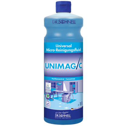 Modrá 1-litrová fľaša Dr. Schnell UNIMAGIC univerzálneho čističa od DR.SCHNELL GmbH & Co. KGaA s modrým uzáverom a etiketou s údajmi o produkte a symbolmi čistenia.
