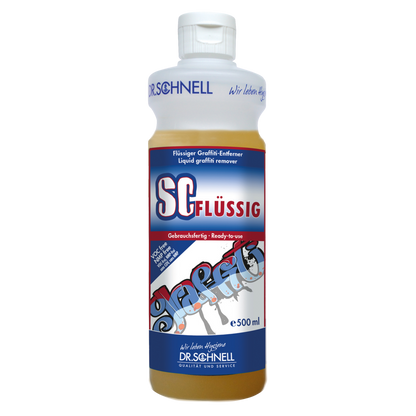 Eine 500 ml Flasche Dr. Schnell SC FLÜSSIG Graffitientferner der DR.SCHNELL GmbH & Co. KGaA, mit weißem Verschluss und blau-rot-weißem Etikett mit deutschen und englischen Angaben zur effektiven Graffitientfernung.