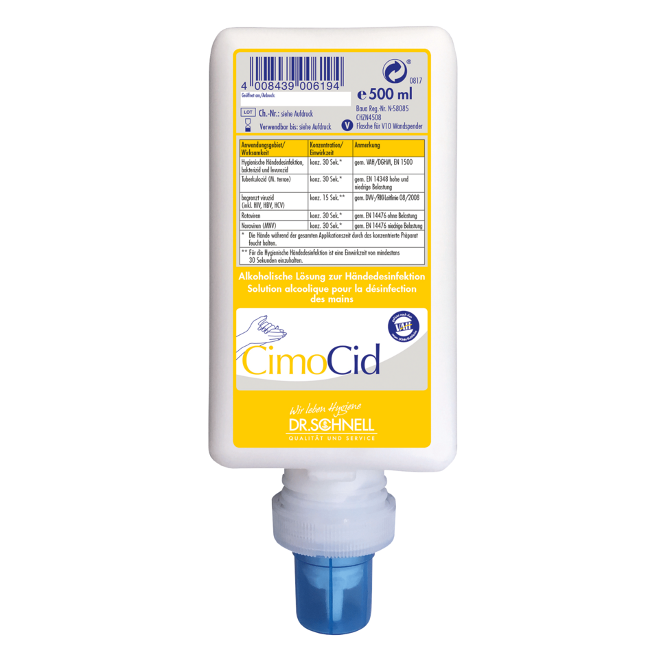 500 ml fľaša Dr. Schnell CIMOCID Alkoholová dezinfekcia rúk od DR.SCHNELL GmbH & Co. KGaA, s modrou pumpičkou a bielou etiketou s informáciami o produkte a pokynmi na použitie vo viacerých jazykoch.