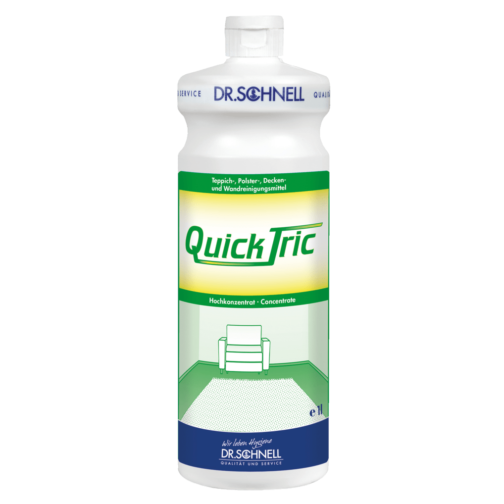 Biela 1-litrová fľaša Dr. Schnell QUICK TRIC od DR.SCHNELL GmbH & Co. KGaA, so zeleno-žltou etiketou, ktorá zobrazuje stoličku v miestnosti so zeleným kobercom, modrým písmom a bielym uzáverom - ideálna na profesionálne čistenie.