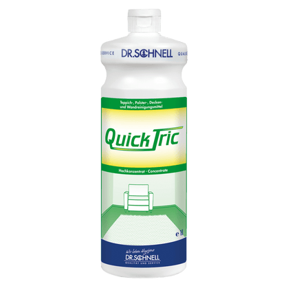 Biela 1-litrová fľaša Dr. Schnell QUICK TRIC od DR.SCHNELL GmbH & Co. KGaA, so zeleno-žltou etiketou, ktorá zobrazuje stoličku v miestnosti so zeleným kobercom, modrým písmom a bielym uzáverom - ideálna na profesionálne čistenie.