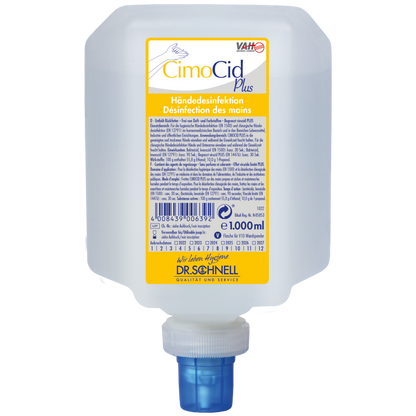 Ein 1000-ml-Behälter der Dr. Schnell CIMOCID PLUS Händedesinfektion der DR.SCHNELL GmbH & Co. KGaA, mit einem blauen Spenderverschluss und einem gelb-weißen Etikett mit Informationen in deutscher und französischer Sprache.