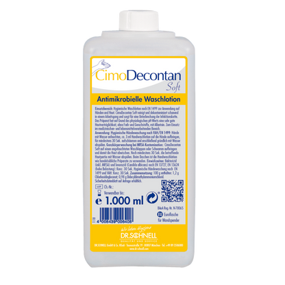 Eine 1.000 ml Flasche Dr. Schnell CIMODECONTAN SOFT Antimikrobielle Waschlotion von DR.SCHNELL GmbH & Co. KGaA, mit gelb-blauem Etikett und deutscher Anleitung zur hygienischen Reinigung von Haut und Händen.