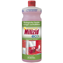 Eine 1-Liter-Flasche Dr. Schnell MILIZID CITROFRESH ECO Sanitärreiniger der DR.SCHNELL GmbH & Co. KGaA, mit rotem Verschluss, grünem und gelbem Etikett und der Abbildung eines rot gefliesten Waschraums mit Waschbecken und Toilette.
