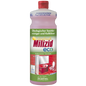 Eine 1-Liter-Flasche Dr. Schnell MILIZID CITROFRESH ECO Sanitärreiniger der DR.SCHNELL GmbH & Co. KGaA, mit rotem Verschluss, grünem und gelbem Etikett und der Abbildung eines rot gefliesten Waschraums mit Waschbecken und Toilette.