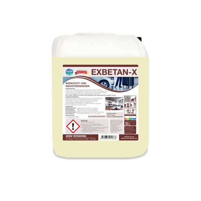 Biela 10-litrová kanister s nápisom "Arcora Exbetan-X dielenský a priemyselný čistič" od spoločnosti Arcora International GmbH, s informáciami o produkte, čiarovým kódom, bezpečnostnými piktogramami a varovnými symbolmi pre priemyselné a dielenské čistenie.