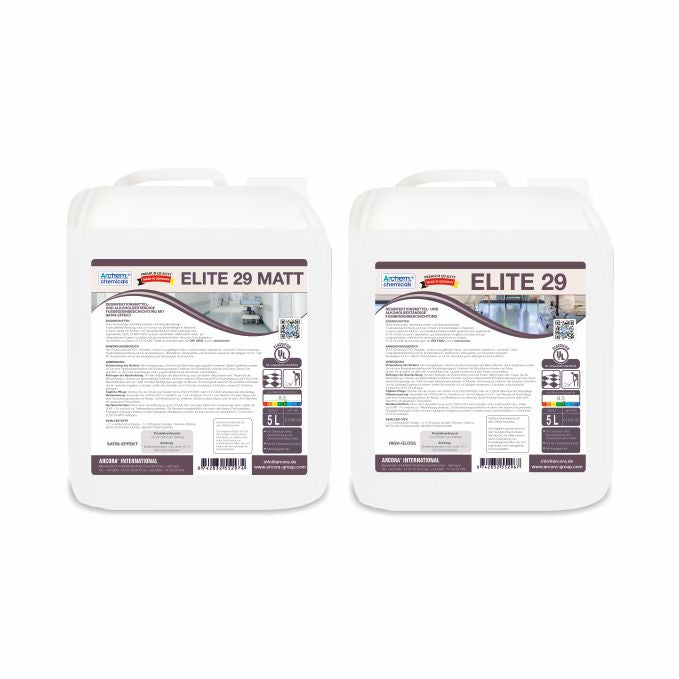 Zwei weiße 5-Liter-Behälter mit der Aufschrift "Arcora Elite 29" bieten eine desinfektionsmittel- und alkoholbeständige Bodenbeschichtung, ideal für den Einsatz im Innenbereich der Arcora International GmbH.