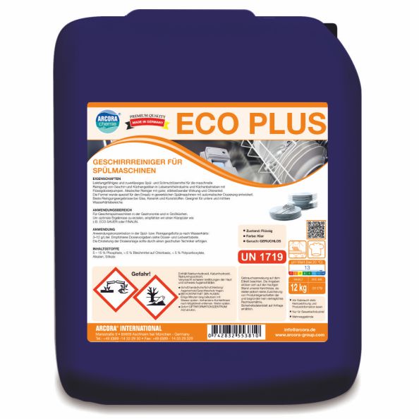 Balenie 12 kg Arcora Eco Plus čističa riadu pre umývačky riadu od Arcora International GmbH, označené v nemeckom jazyku s nebezpečnostnými symbolmi a pokynmi na použitie pre umývačky riadu.