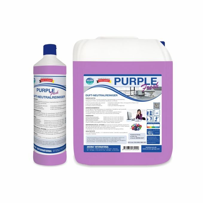Jednoliterová fľaša a desaťlitrový kanister Arcora PURPLE FRESH DUFT-NEUTRALREINIGER od spoločnosti Arcora International GmbH, pH-neutrálny fialový čistič s modrými, bielymi a červenými produktovými etiketami.