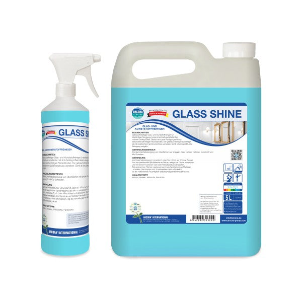 Der Arcora Glass-Shine 500 ml Oberflächen-Schnellreiniger (Karton, 20 Packungen) der Arcora International GmbH besteht aus Sprühflaschen und großen Nachfüllpackungen des blauen Reinigers mit Produktinformation und Anleitung auf jedem Etikett.