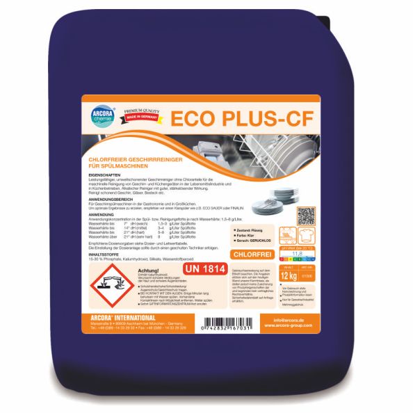 Modrý 12-kg kontajner s Arcora Eco Plus-Cf bezchlórovým umývacím prostriedkom na riad pre umývačky riadu od Arcora International GmbH, s detailmi produktu, bezpečnostnými symbolmi, pokynmi a obrázkami žiarivo čistého riadu na etikete.