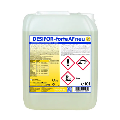 Ein 10-Liter-Kunststoffbehälter von Dr. Schnell Desifor-forte AF neu Flächendesinfektion der DR.SCHNELL GmbH & Co. KGaA, mit Warnsymbolen und einem gelb-weißen Etikett mit Produkt-, Chemikalien- und Anwendungsinformationen.