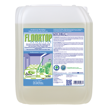 Veľký priehľadný plastový kontajner s nápisom "Dr. Schnell Floortop Sensitive, vysokoúčinný čistič na podlahy, bez vône" od spoločnosti DR.SCHNELL GmbH & Co. KGaA je vybavený zeleným uzáverom, viacjazyčnými informáciami a ilustráciou čistenia na prednej strane.