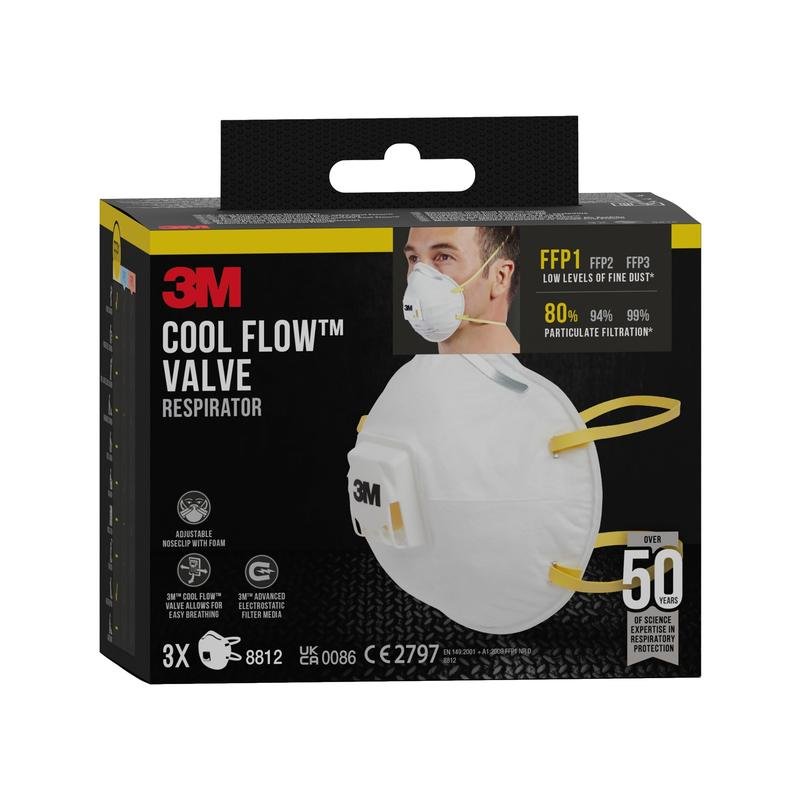 3M™ Cool Flow™ časticová maska 8812, FFP1 s ventilom, 3-balenie od 3M Deutschland GmbH je dodávaná v krabici so zobrazeniami masiek a ilustráciou používateľa. Každé balenie obsahuje tri respirátory, ktoré sú navrhnuté pre pohodlnú ochranu dýchania.