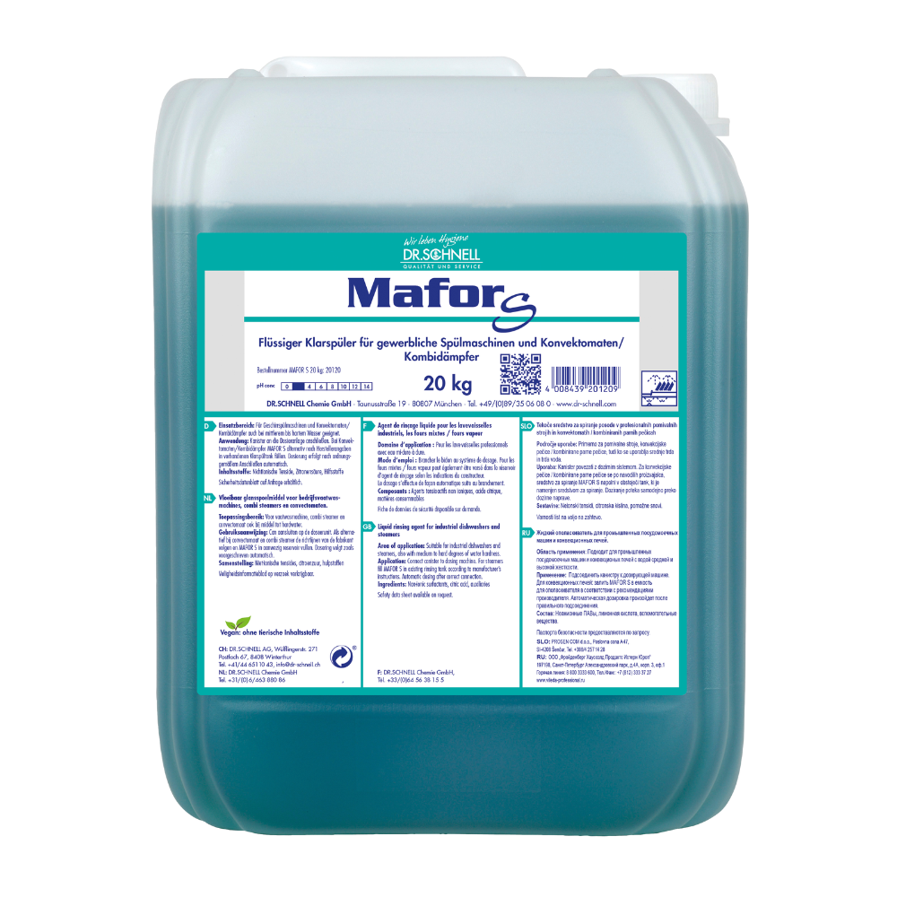 20-kg plastová nádoba Dr. Schnell MAFOR S kyslý oplachovací prostriedok pre komerčné umývačky riadu od spoločnosti DR.SCHNELL GmbH & Co. KGaA, modrá tekutina, s nemeckou bielo-zelenou etiketou s informáciami o produkte a bezpečnostnými pokynmi.