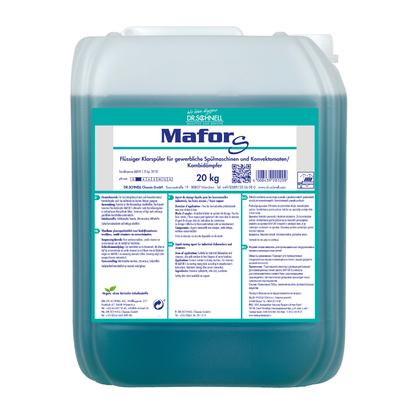 20-kg plastová nádoba Dr. Schnell MAFOR S kyslý oplachovací prostriedok pre komerčné umývačky riadu od spoločnosti DR.SCHNELL GmbH & Co. KGaA, modrá tekutina, s nemeckou bielo-zelenou etiketou s informáciami o produkte a bezpečnostnými pokynmi.