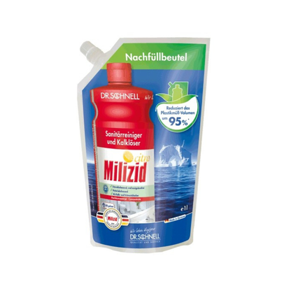 Jednolitrový náhradný vak Dr. Schnell Milizid Citro sanitárneho čističa a odstraňovača vodného kameňa od DR.SCHNELL GmbH & Co. KGaA, v červeno-bielej farbe so zelenými akcentmi, nemeckým textom, výlevkou a o 95% menším objemom plastu.