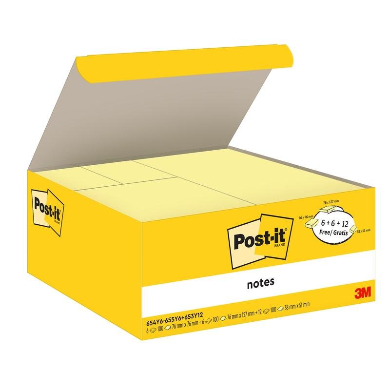 Žltá škatuľka s poznámkami Post-it® Notes (rôzne veľkosti) od spoločnosti 3M Deutschland GmbH, kartónový obal s otvoreným vekom, ukazuje niekoľko žltých blokov. 12 blokov + 12 zadarmo/balenie. Vyrobené zo 100% PEFC-certifikovaného papiera.