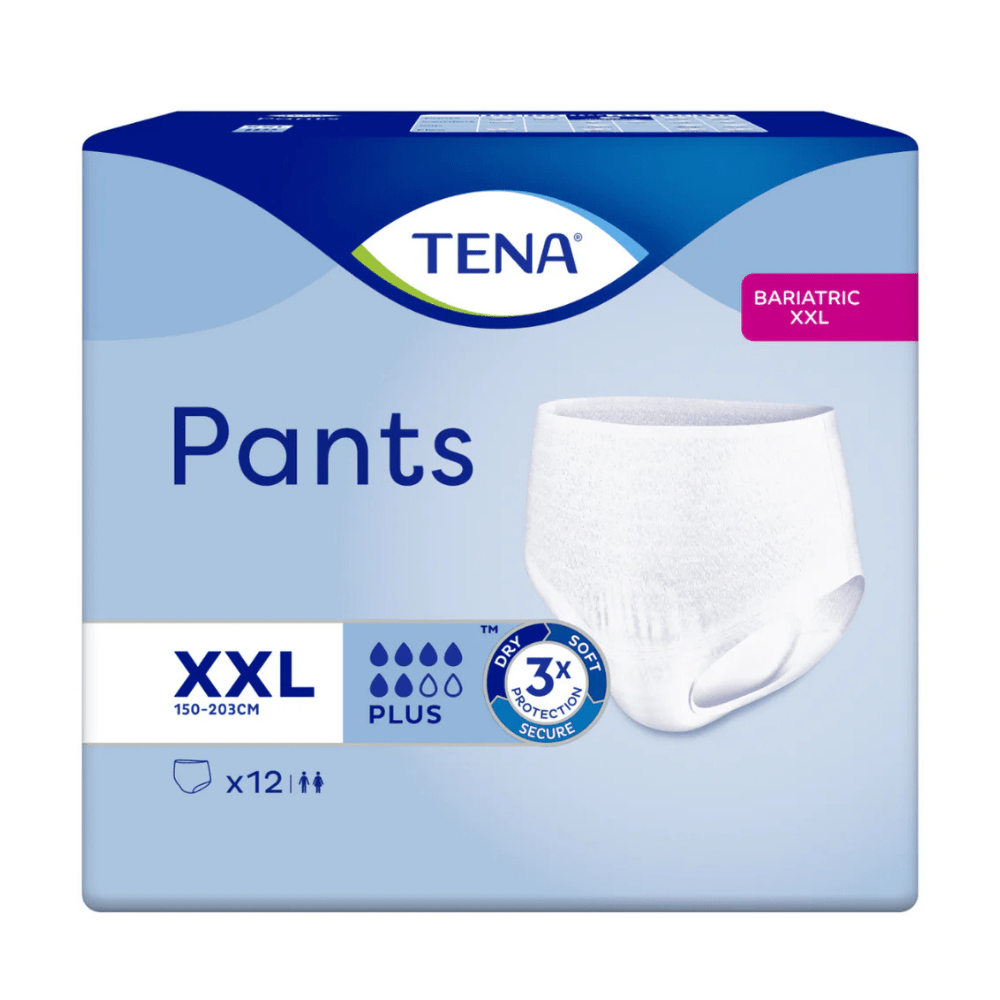 TENA Pants Bariatric Plus XXL od TENA - Essity Germany GmbH sú inkontinenčné nohavičky pre obvod bokov 150-203 cm, poskytujú zvýšenú ochranu a jemnosť a sú dostupné jednotlivo (1 kus) v balení.