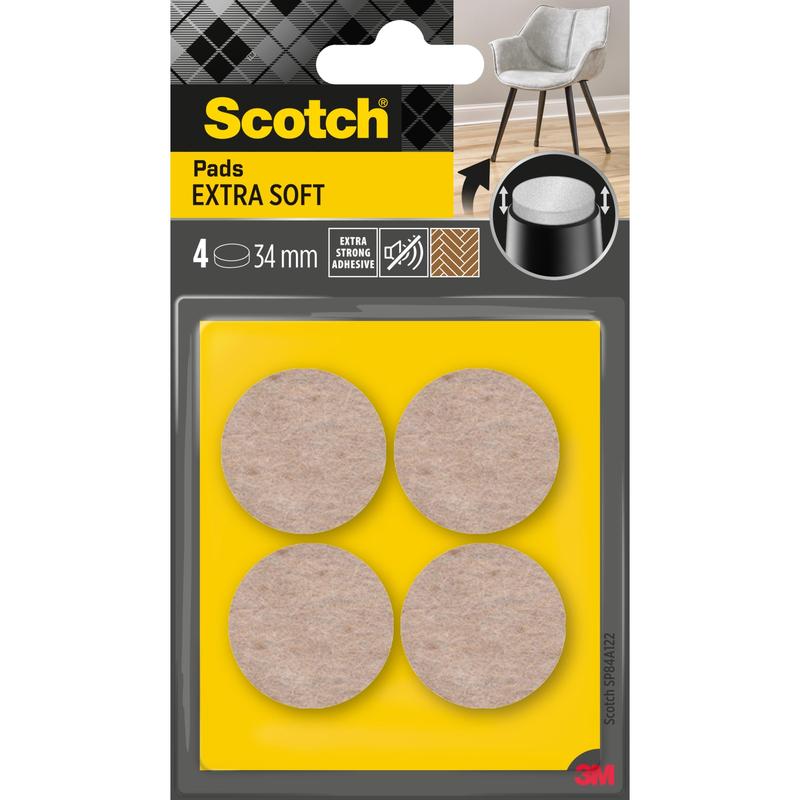 Balenie 3M Scotch® Extra mäkkých filcových podložiek, samolepiace, béžové (4 okrúhle podložky, 34 mm), ponúka extra silné lepidlo na ochranu podláh pod nábytkom.