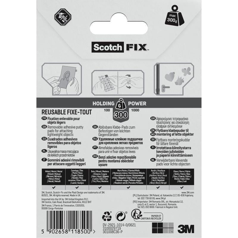 Zadná strana balenia odnímateľných lepiacich podložiek Scotch-FIX™ 301008C36-P (11 mm x 15 mm, 36 kusov) od spoločnosti 3M Deutschland GmbH s návodmi s obrázkami, viacjazyčnými informáciami, údajmi o sile držania a značkovaním na čierno-bielo-sivej obálke.
