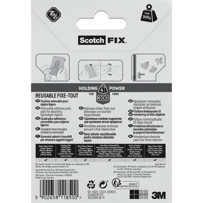 Zadná strana balenia odnímateľných lepiacich podložiek Scotch-FIX™ 301008C36-P (11 mm x 15 mm, 36 kusov) od spoločnosti 3M Deutschland GmbH s návodmi s obrázkami, viacjazyčnými informáciami, údajmi o sile držania a značkovaním na čierno-bielo-sivej obálke.