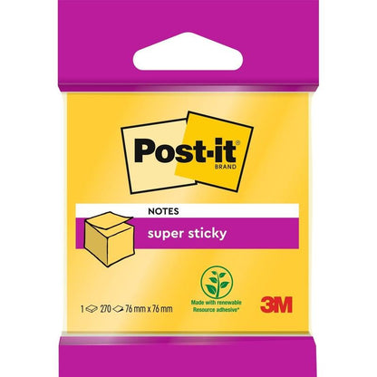 Balenie Post-it® Super Sticky Notes kocka, 76 mm x 76 mm, od 3M Deutschland GmbH. Obsahuje 270 žltých lístkov, má fialovú hornú a dolnú časť, logo 3M a používa 100% PEFC-certifikované lepidlo z obnoviteľných surovín.