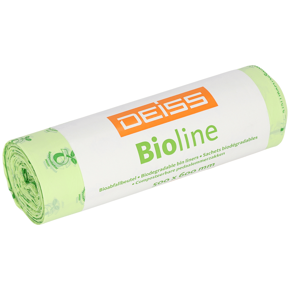 Jedna rolka EMIL DEISS KG DEISS BIOLINE sáčkov na odpad, biofólia, 30L, prírodná farba, 500x600x0,018 mm (20 kusov), zdôrazňuje kompostovateľné vlastnosti pre udržateľnú likvidáciu odpadu.