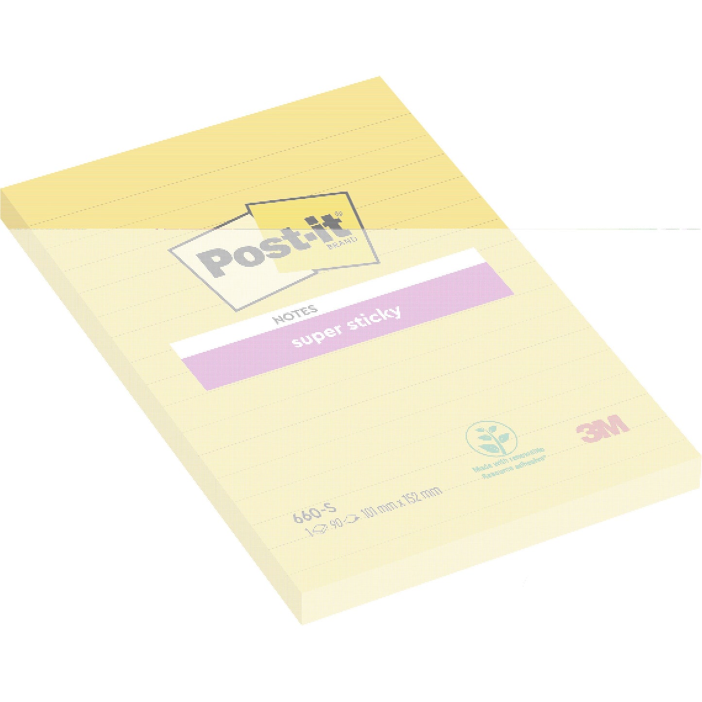 Jeden blok Post-it® Super Sticky Notes vo veľkom formáte, Ultra Žltá (101 x 152 mm, 90 listov), od 3M Deutschland GmbH, leží na bielom pozadí. Lístky sú vybavené písacími čiarami a ekologickou pečaťou PEFC.