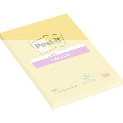 Jeden blok Post-it® Super Sticky Notes vo veľkom formáte, Ultra Žltá (101 x 152 mm, 90 listov), od 3M Deutschland GmbH, leží na bielom pozadí. Lístky sú vybavené písacími čiarami a ekologickou pečaťou PEFC.