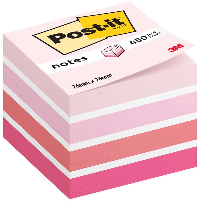 Stoh kociek Post-it® Notes, 76 mm x 76 mm, 450 listov na blok, od 3M Deutschland GmbH. V ružových, bielych a broskyňových odtieňoch; balenie nesie logo "Post-it" a poukazuje na 100% PEFC certifikáciu.