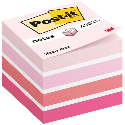 Stoh kociek Post-it® Notes, 76 mm x 76 mm, 450 listov na blok, od 3M Deutschland GmbH. V ružových, bielych a broskyňových odtieňoch; balenie nesie logo "Post-it" a poukazuje na 100% PEFC certifikáciu.