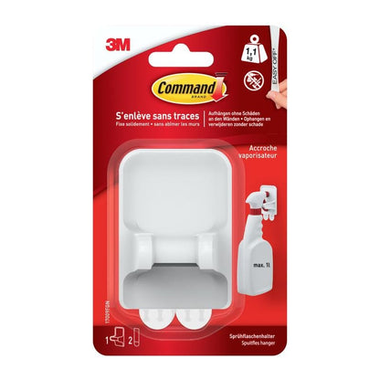 Držiak na fľaše Command™ 17009 od 3M Deutschland GmbH sa nachádza v červeno-bielom balení s francúzskym textom, obrázkom fľaše a propaguje tento priestorovo úsporný držiak s lepiacimi pásikmi.