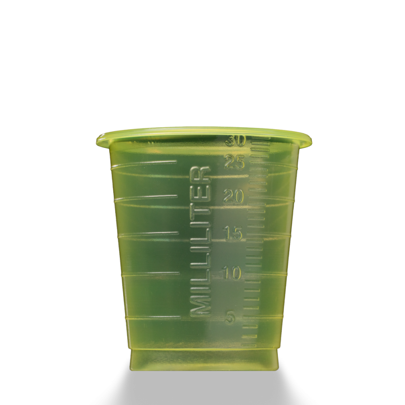 Der MED COMFORT ECO Einmal Medizinbecher 30 ml graduiert von der AMPri Handelsgesellschaft mbH ist ein grüner, durchscheinender Kunststoffbecher mit Messmarkierungen, der auf einem schlichten weißen Hintergrund abgebildet ist.