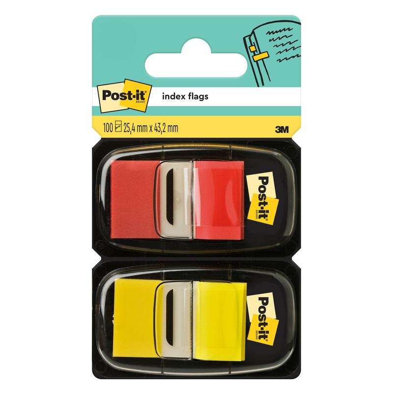 Indexový lepiaci pásik Post-it® od spoločnosti 3M Deutschland GmbH obsahuje dva dávkovače, každý s 50 štandardnými lepiacimi vlajočkami (25,4 mm x 43,2 mm) v červenej a žltej farbe, ktoré sú prezentované v čiernych plastových držiakoch s logom Post-it na obale.