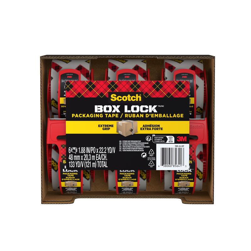 Kartón obsahuje šesť roliek Scotch® Box Lock™ baliacej pásky 48 mm x 20,3 m od 3M Deutschland GmbH, každá s červeným dávkovačom. Na etikete sú uvedené "Extreme Grip" a "Extra Strong" spolu s rozmermi a značkou 3M.
