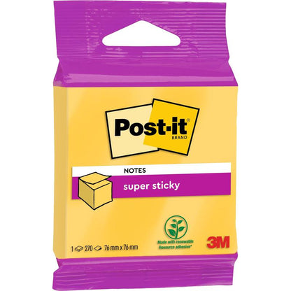 Balenie Post-it® Super Sticky Notes kocka od 3M Deutschland GmbH, 76 mm x 76 mm, označené 100% PEFC, obsahuje 270 lístkov a je žlté a fialové s potlačou loga obnoviteľnej suroviny.